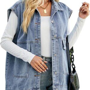 Women’s Vintage Denim Jean Vest Oversized Button Down Jean Waistcoat Gilet